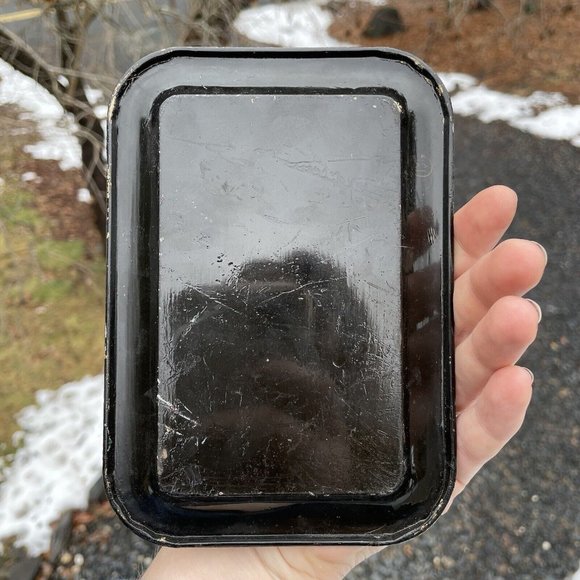 Vintage Hand Painted Toleware Rectangular Diminutive Tray Tip Snack Black Gold - Picture 16 of 16